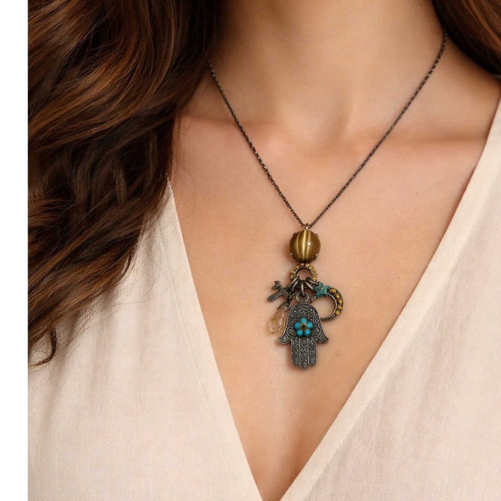Amaro Hamsa Charm Necklace Women OS Black Good Bohemian Spiritual Jewelry‎
